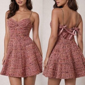 For Love And Lemons Rose Tweed Mini Dress with Gold Chain Straps